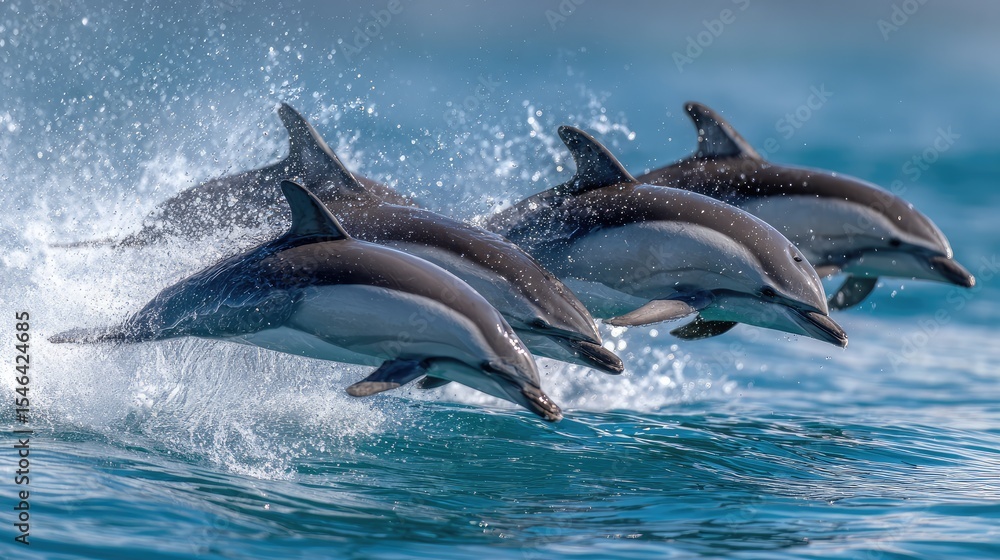 Obraz premium Four dolphins jump above the sea surface. Generative Ai