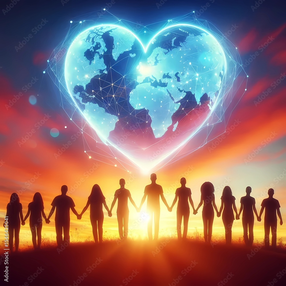 Fototapeta premium Global Unity People Holding Hands with a Heart-Shaped Earth