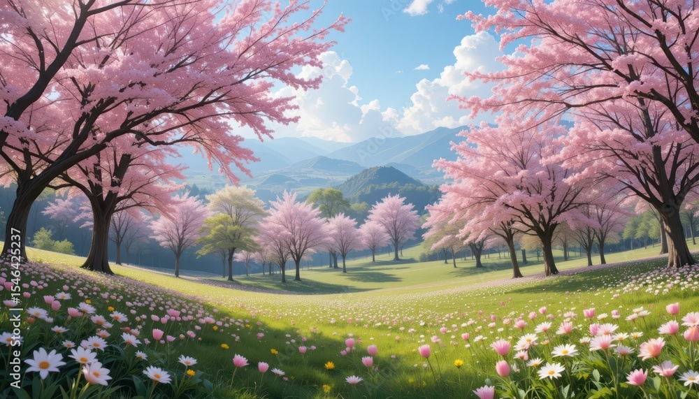 Blooming cherry trees in a vibrant spring park landscape under a blue sky, where the season's leaves and grass create a colorful meadow Blooming cherry trees in a vibrant spring park landscape under a blue sky, where the season's leaves and grass create a colorful meadow