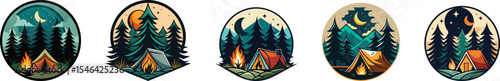 camping tent at night with wood fire in mountain landscape emblem design set vector illustration