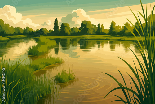 This is a digital illustration of a peaceful riverside or wetland scene at sunset or early evening. The calm water reflects the warm golden hues of the sky and the surrounding green landscape. Patches