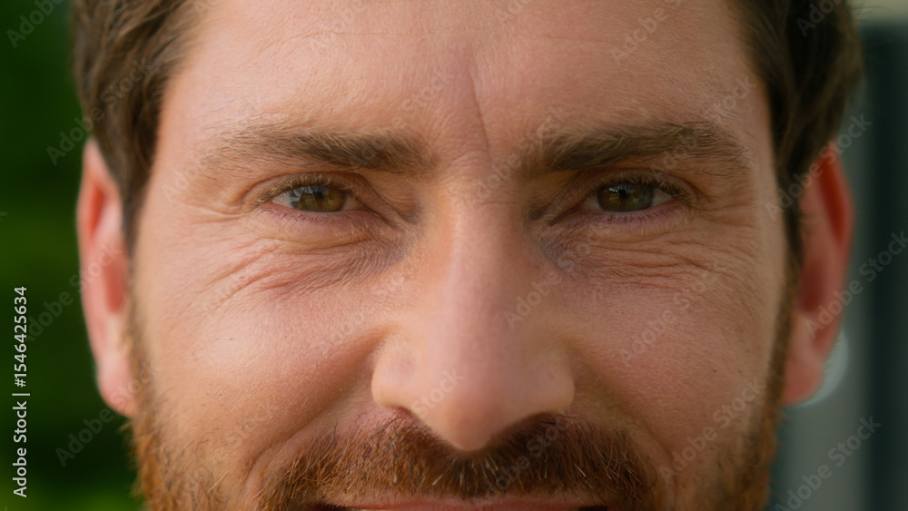 Obraz premium Extreme close up eyes wrinkled skin face of happy smiling pensive Caucasian middle-aged businessman adult business man male guy in city look away looking at camera health vision cataract medicine