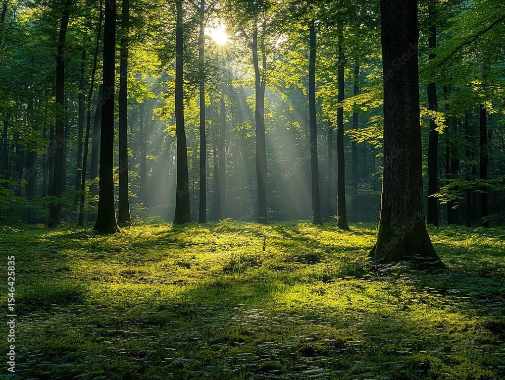 Obraz premium Lush Temperate Rainforest with Sunbeams Penetrating Dense Foliage, Biodiversity Scene