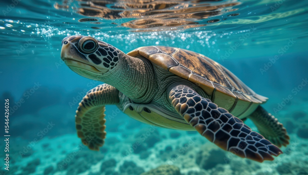 Fototapeta premium Green sea turtle gracefully swimming in tropical blue ocean water near a coral reef