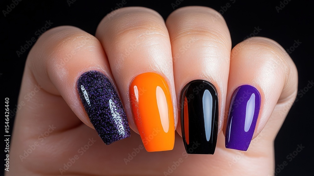Obraz premium Spooky Chic Halloween Nail Art: Orange, Purple, Black & Glitter