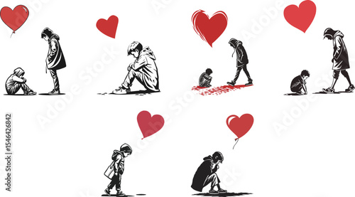 Sad broken heart boy with red heart design set vector illustration