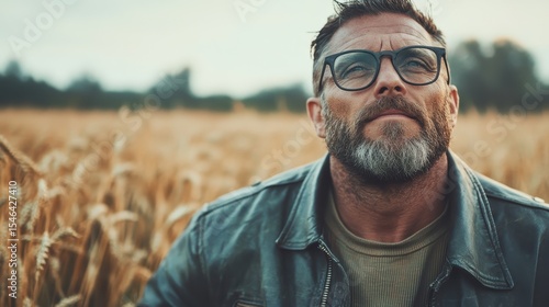 A reflective man wearing glasses and a leather jacket looks thoughtfully into a wheat field, embodying moments of introspection and connection to nature in a serene landscape.