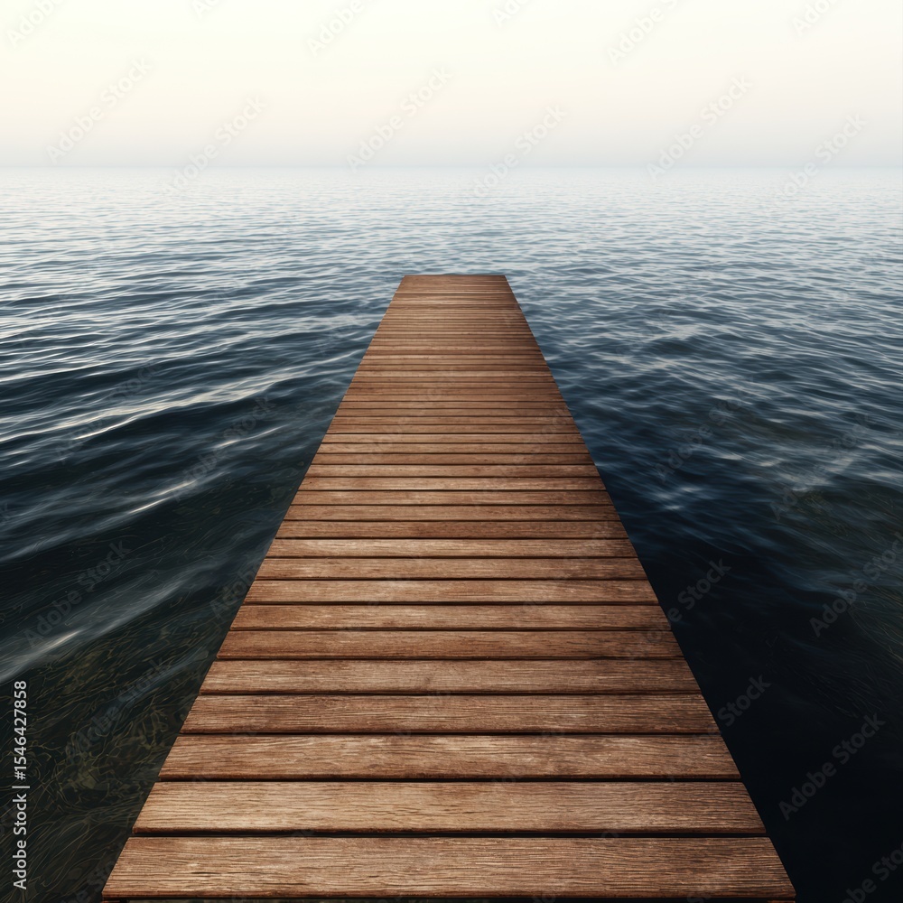 Obraz premium A serene wooden dock extends into calm waters, ideal for peaceful retreats, relaxation themes, or vacation planning, Perfect for backgrounds, brochures, and digital content promoting tranquility,