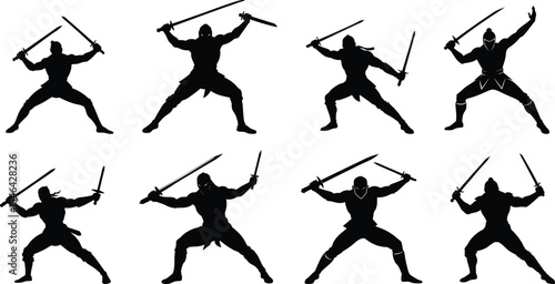 martial arts player with swords silhouette set vector illustration