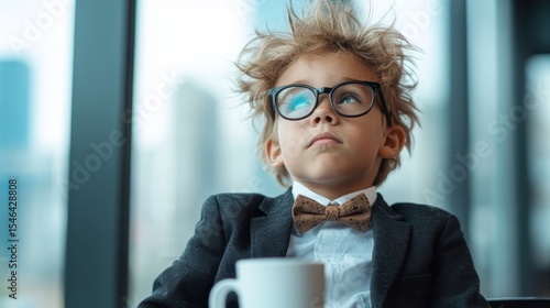 This delightful image features a thoughtful child dressed in a smart suit, seated in an office setting, evoking a sense of curiosity and ambition beyond their years.