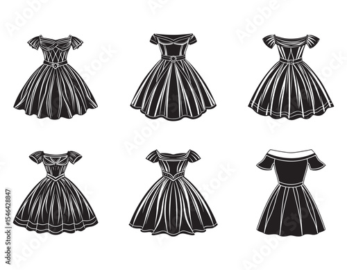 set of off shoulder dress sketch silhouette vector illustration
