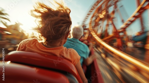An exhilarating roller coaster ride at sunset captures the thrill of adventure and excitement, as the sun sets beautifully behind the riders, making memorable experiences.