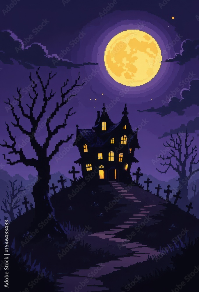 Spooky halloween haunted house illustration with full moon and bats Spooky halloween haunted house illustration with full moon and bats