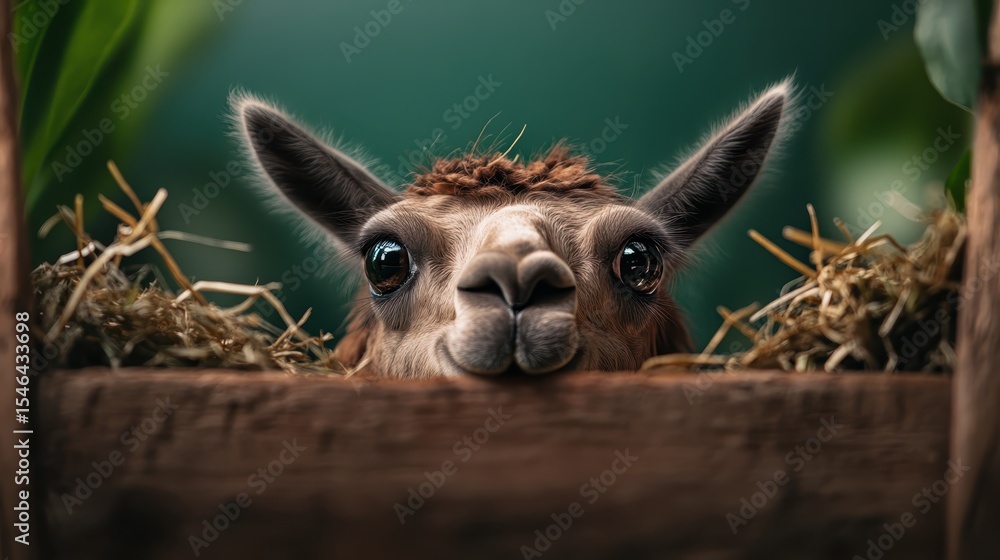 Obraz premium A charming close-up of a llama's face peeking over a wooden fence, showcasing its big, expressive eyes and cute features in a heartwarming moment.