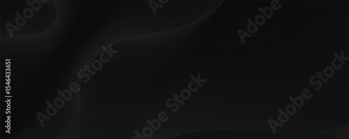 Black abstract background design. Modern wavy line pattern in monochrome colors. Premium stripe texture for banner, business backdrop. Dark horizontal vector template
