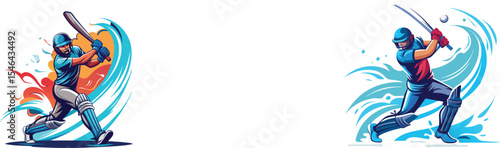 cricket player, batsman hitting with colorful splashes, set vector illustration