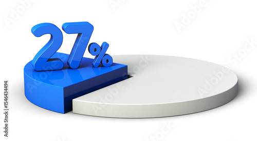 27% blue and white pie chart isolated on transparent background. 3d illustration.
