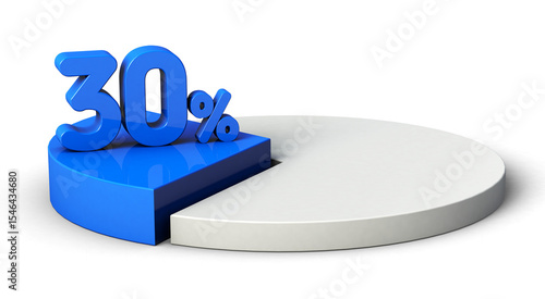 30% blue and white pie chart isolated on transparent background. 3d illustration.