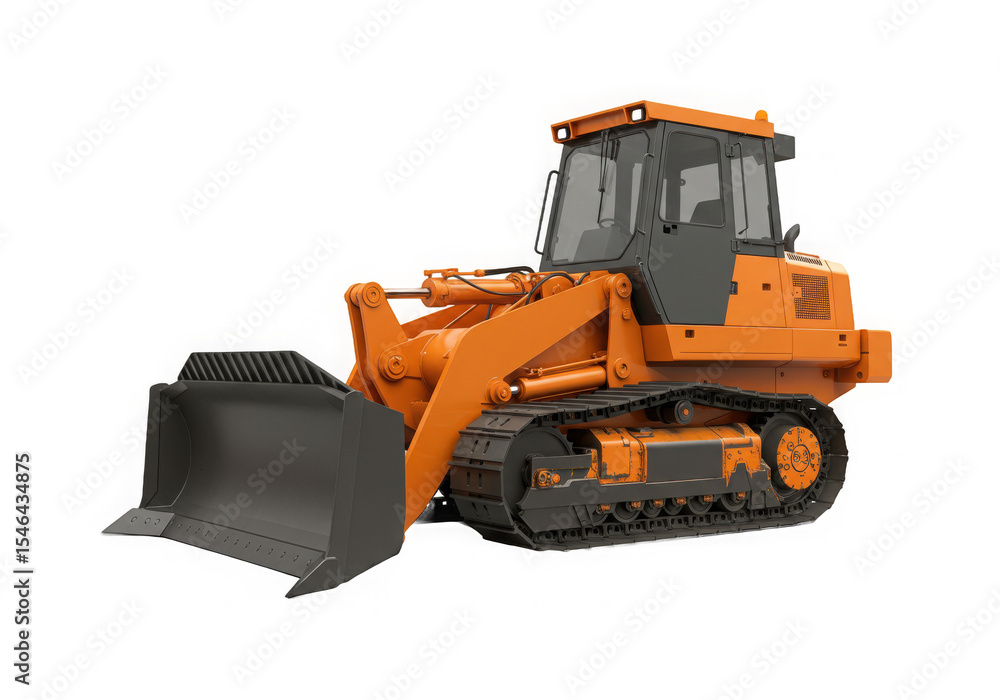 Fototapeta premium Orange bulldozer with a black scoop angled in a dark space, heavy equipment for construction