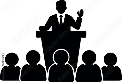 "Speaker Giving Lecture Silhouette – Man at Podium Facing Audience"