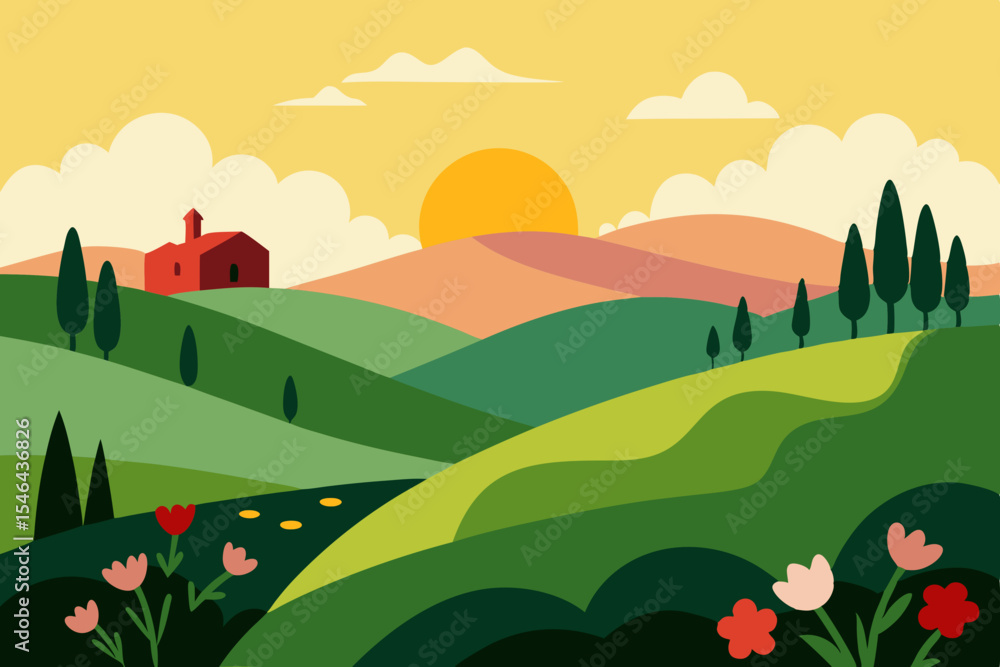 Fototapeta premium vector illustration of a rural landscape with trees