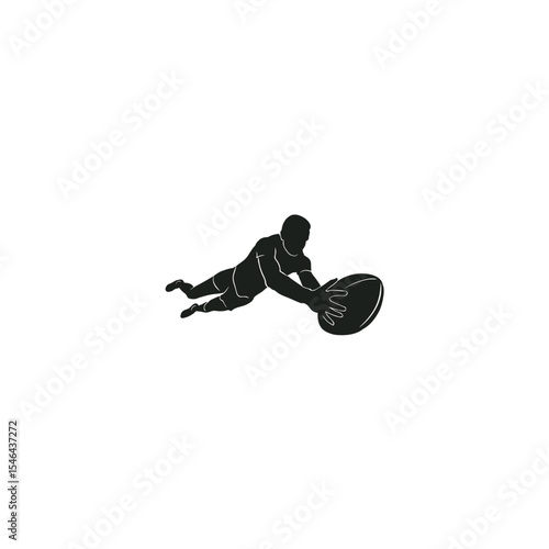 Rugby player diving catch black silhouette action sport vector illustration design