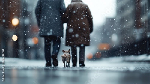 Fototapeta Naklejka Na Ścianę i Meble -  A charming scene of a couple walking hand-in-hand with their small dog amidst a snowy cityscape, illustrating love, companionship, and joy during a picturesque winter day.