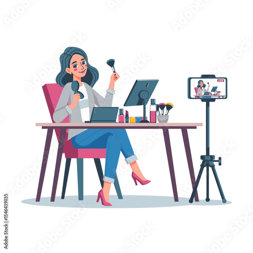 Woman doing makeup while streaming, cartoon vector. Suitable for social media