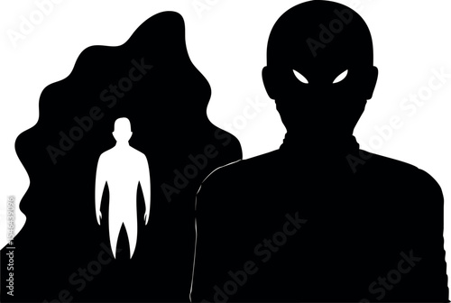 "Dark Superhero Silhouette – Mysterious Figure with Glowing Eyes and Shadows
