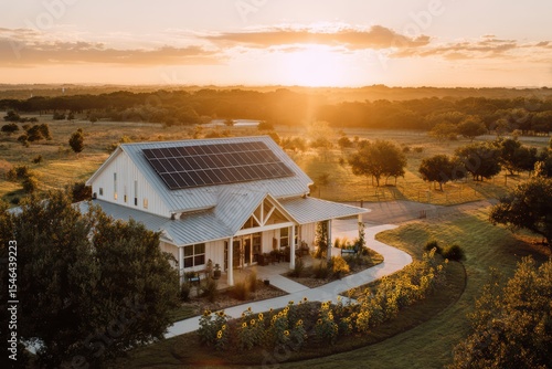 drone view circling above a sunny Texas farmhouse with large barn-style roof covered in solar panels