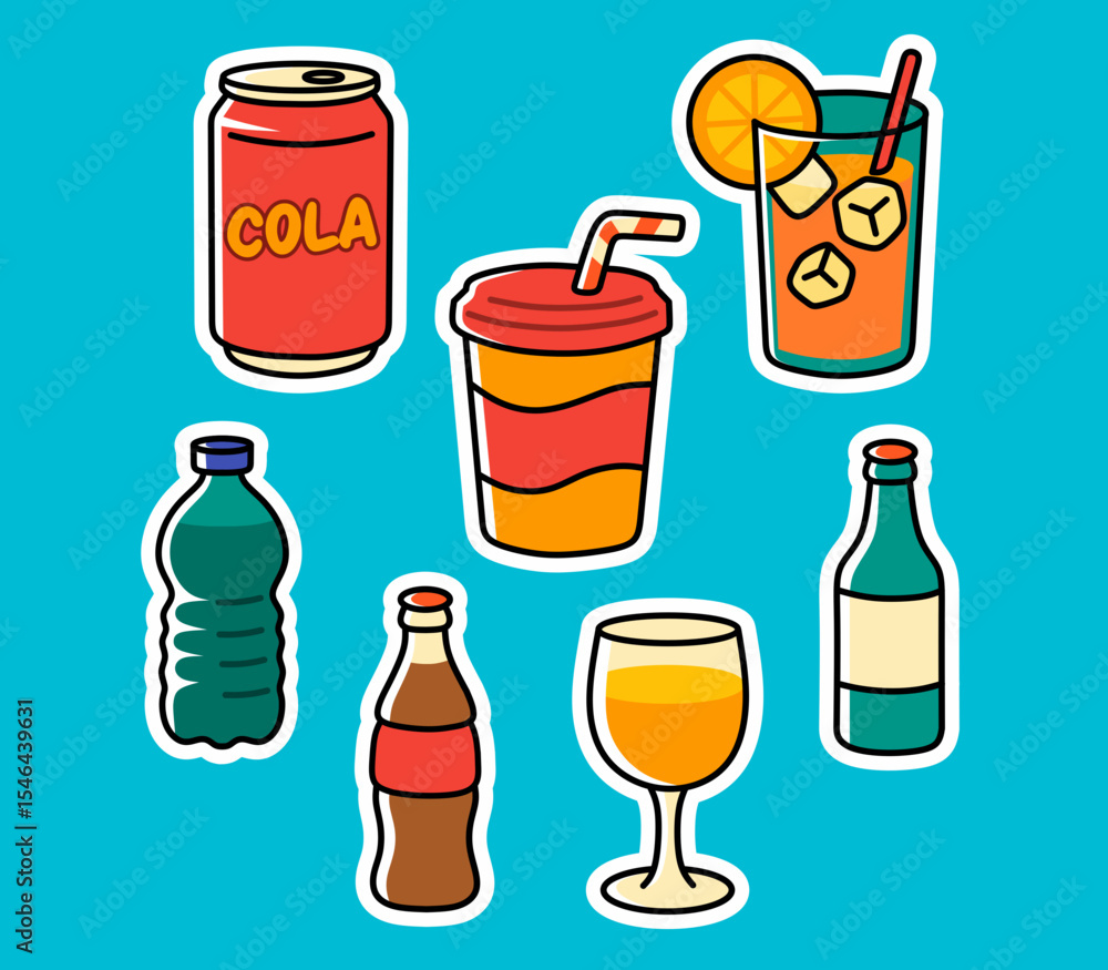 Fototapeta premium Cute Cartoon Drink Set - Soda, Juice, Water Bottle, and Glass Beverage on Blue Background