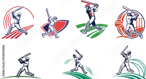 cricket player, batsman hitting logo set vector illustration