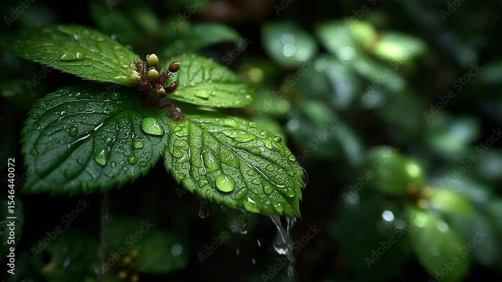 Close up of green leaves with water droplets, reflecting nature's freshness and purity Close up of green leaves with water droplets, reflecting nature's freshness and purity