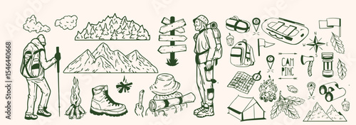 Hand-drawn travel and camping icons set in monochrome style