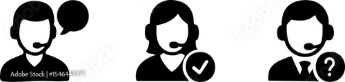 Black and white icons of three customer support representatives with headsets, speech bubbles, and symbols indicating communication and assistance.