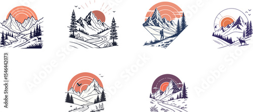 mountain landscape with pine trees design set vector illustration