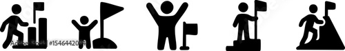 Black and white icons showing success, achievement, and reaching a goal with figures and flags on podiums and peaks.