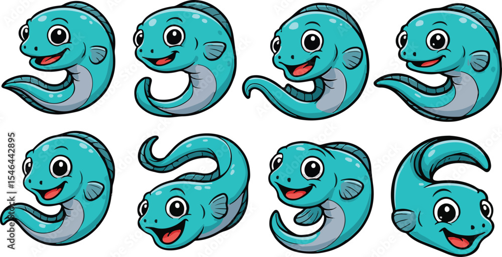 Fototapeta premium vector illustration of eel fish funny cute cartoon mascot character cartoon with 8 poses 