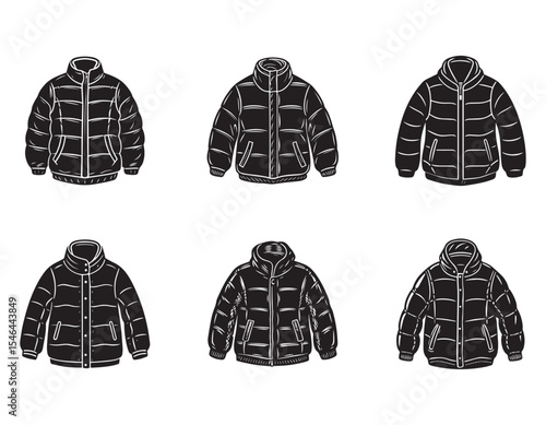 set of puffer jacket sketch icon silhouette vector illustration