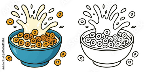 Coloring book of a bowl of cereal with splashing milk on a white background vector illustration