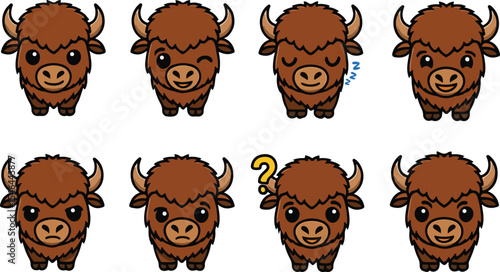 vector illustration of bison buffalo bull cow funny cute cartoon mascot character cartoon with 8 poses 
