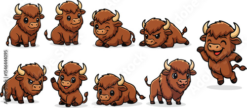 vector illustration of bison buffalo bull cow funny cute cartoon mascot character cartoon with 9 poses 02