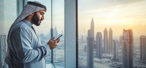 Arab businessman using smartphone, overlooking Dubai's skyline at sunset