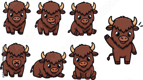 vector illustration of bison buffalo bull cow funny cute cartoon mascot character cartoon with 7 poses 