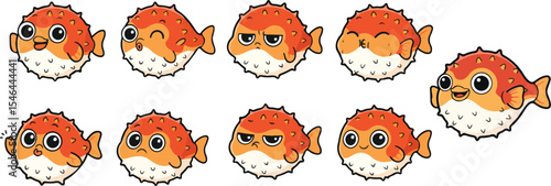 vector illustration of puff puffer blow fish funny cute cartoon mascot character cartoon with 9 poses 