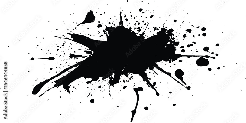 Obraz premium Black ink Splatter black paint ink brush strokes isolated white background. Vibrant ink splat on white background. Black splatter of paint on a white background.
