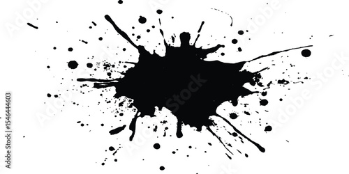 Black ink Splatter black paint ink brush strokes isolated white background. Vibrant ink splat on white background. Black splatter of paint on a white background.