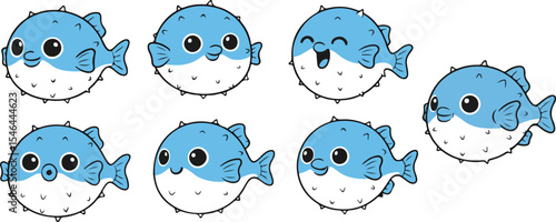 vector illustration of puff puffer blow fish funny cute cartoon mascot character cartoon with 7 poses 01