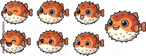 vector illustration of puff puffer blow fish funny cute cartoon mascot character cartoon with 7 poses 02
