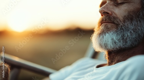 A serene portrait of a man meditating at sunset, embodying tranquility and contemplation as he closes his eyes, attuning himself to nature's beauty and life's rhythms.